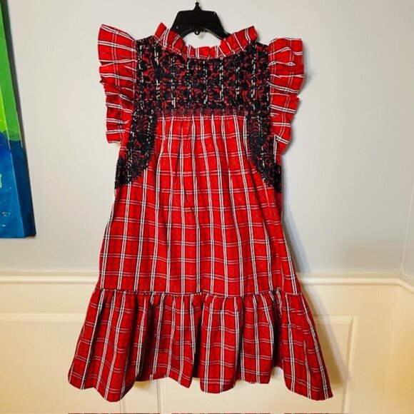 J. Marie Ruffle Neck Plaid Embroidered Tiered Mini Dress Red & Black NWT XS - Picture 5 of 10